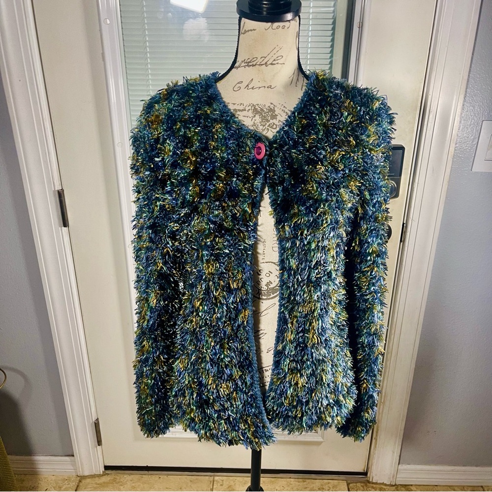 Side Effects Of California 90’s Blue Green Gold Fuzzy Shaggy Cardigan Sweater M